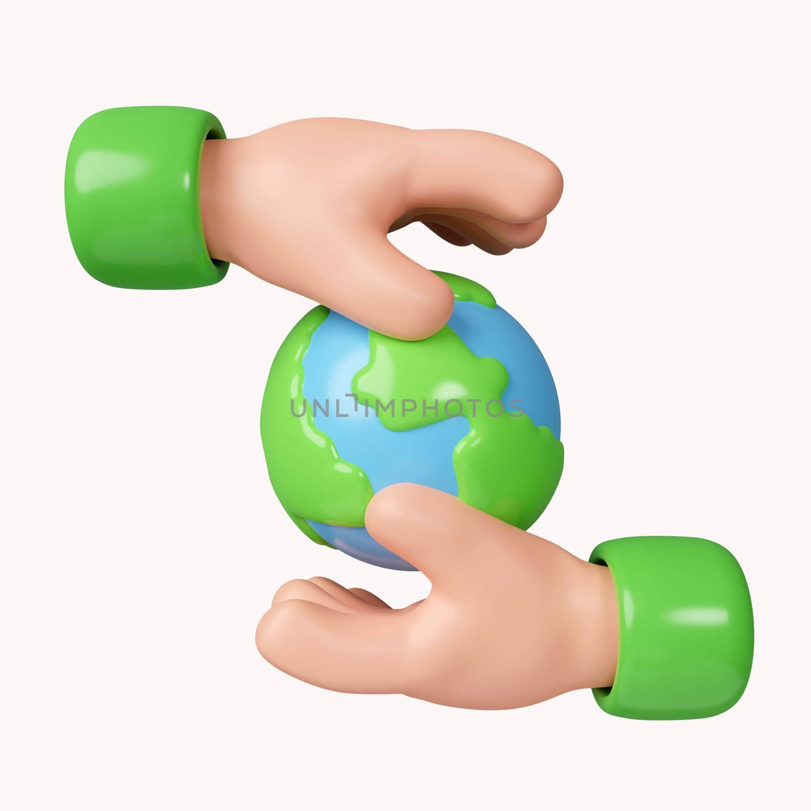 3d Sustain earth concept: Human hands holding global. Green Planet in Your Hands. Save Earth. Environment Concept. icon isolated on white background. 3d rendering illustration. Clipping path..