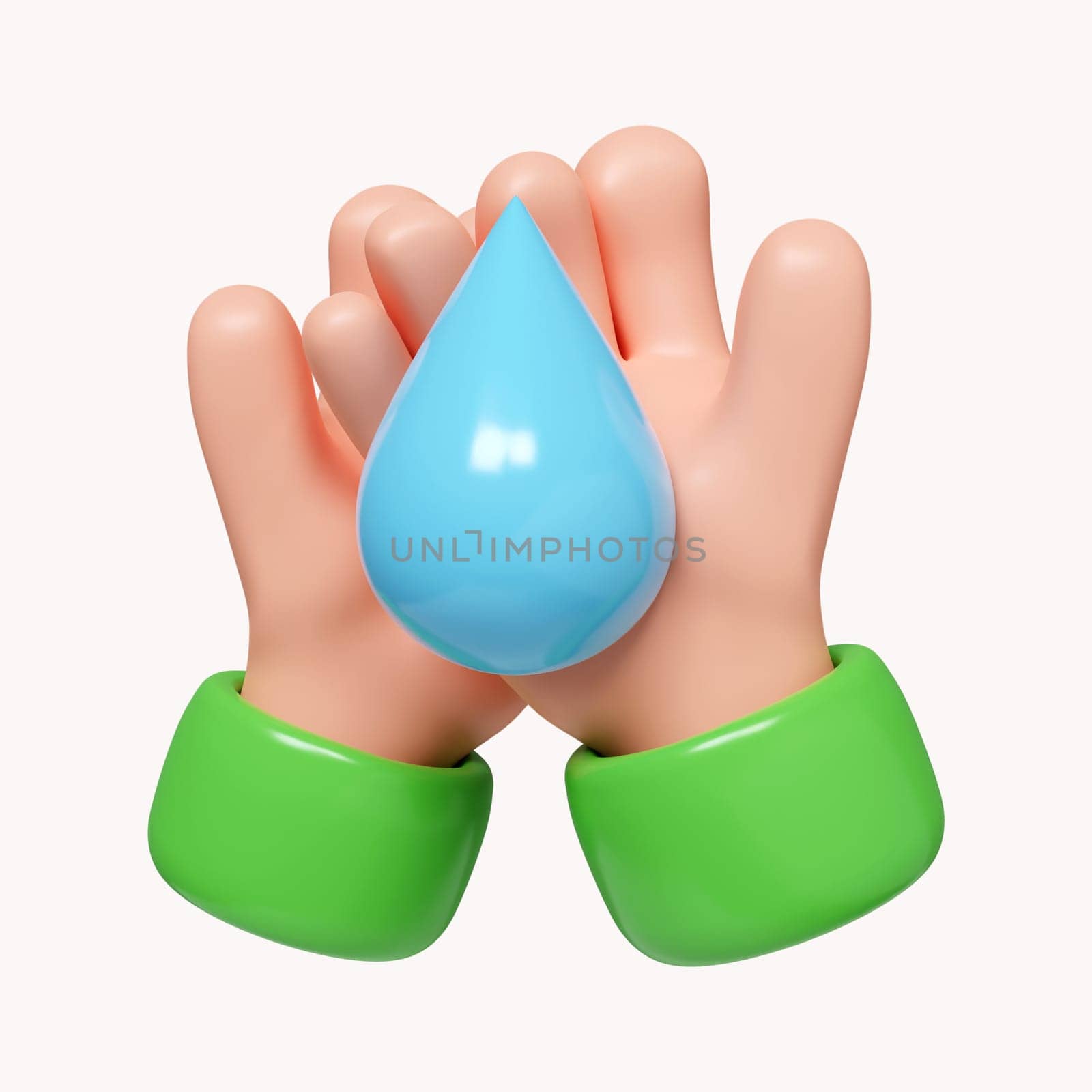 3d hand holding water drop. concept save the water. icon isolated on white background. 3d rendering illustration. Clipping path..