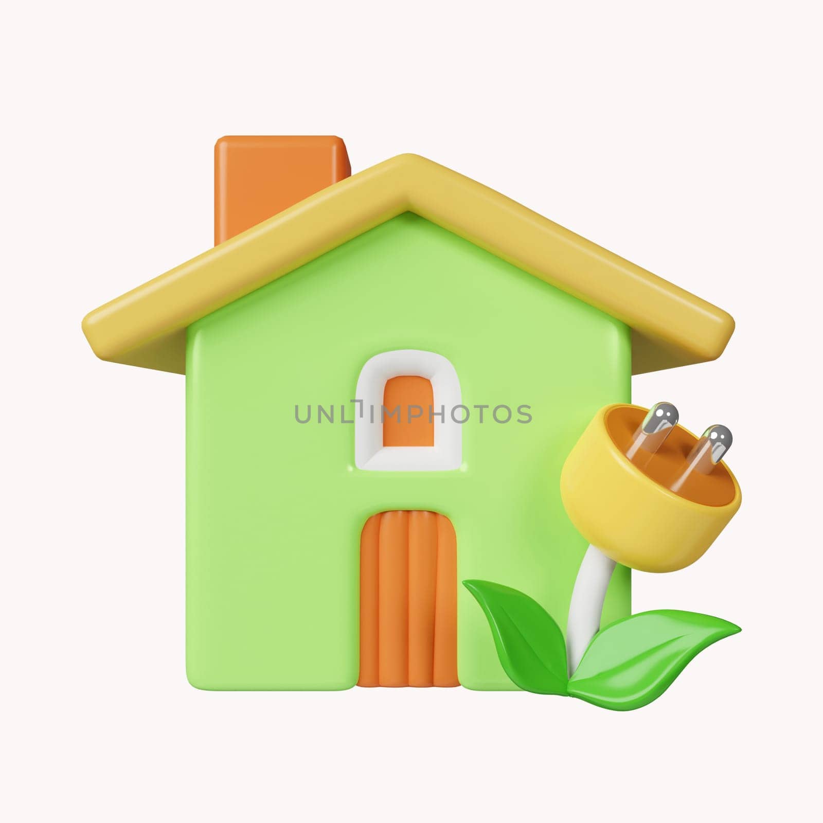 3D eco house with leaf. Render eco-friendly house for protect environment, global warming, green energy concept. icon isolated on white background. 3d rendering illustration. Clipping pa.