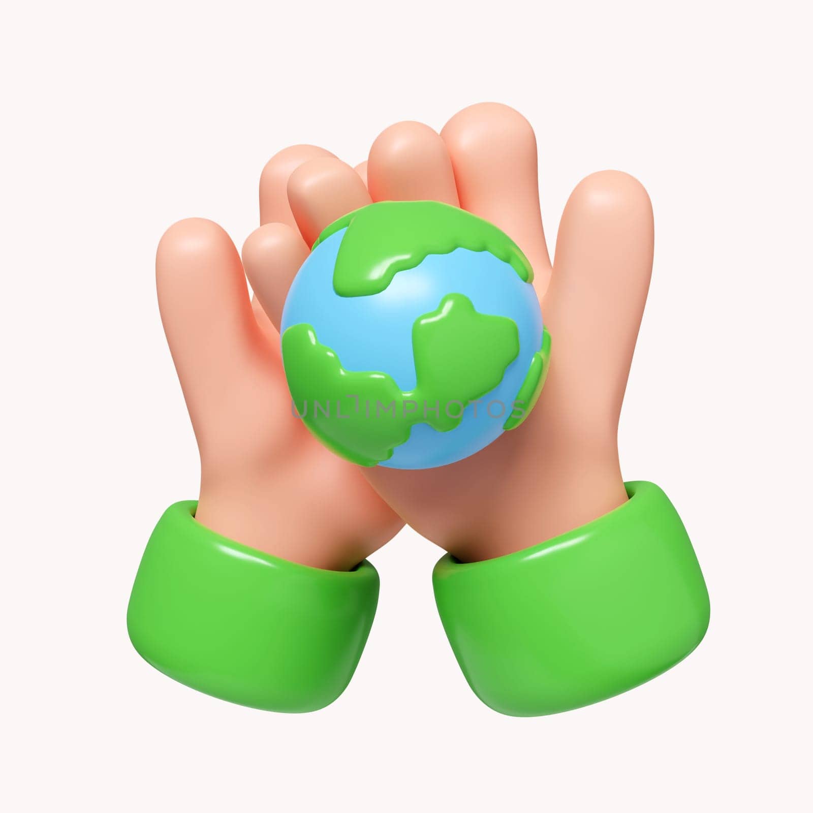 3d Sustain earth concept: Human hands holding global. Green Planet in Your Hands. Save Earth. Environment Concept. icon isolated on white background. 3d rendering illustration. Clipping path..