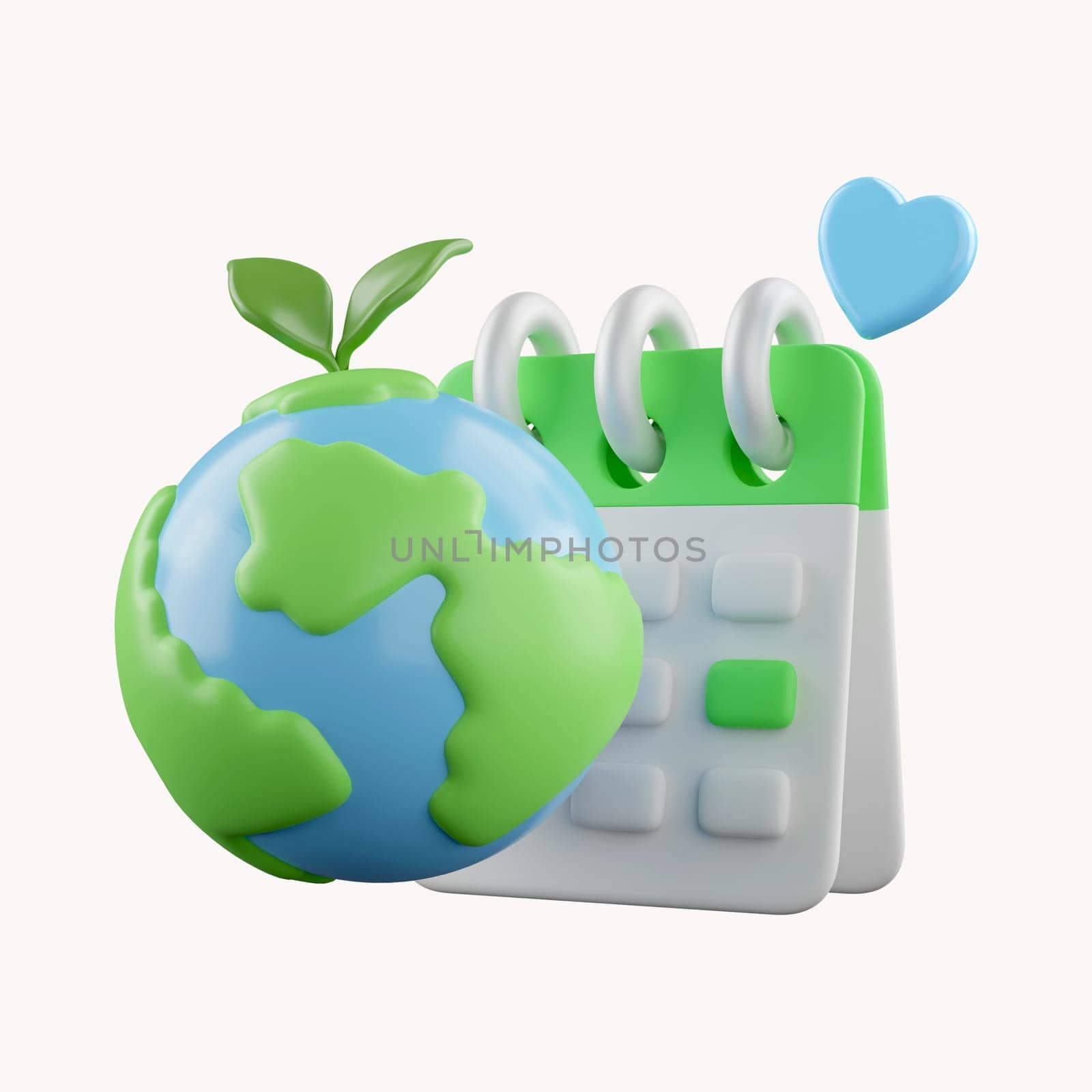 3d Planet Earth Calendar. ecology and environment concept. Eco awareness recycling energy efficiency. icon isolated on white background. 3d rendering illustration. Clipping path..
