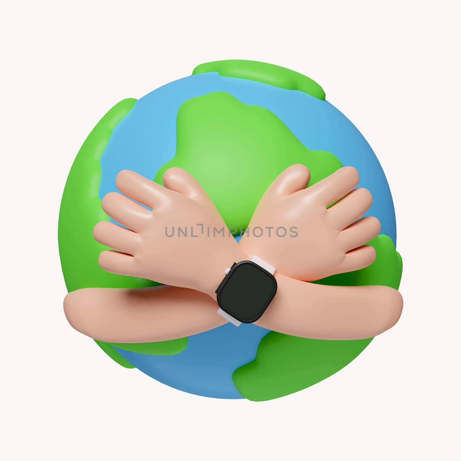 3d hands hug planet Earth. Concept of World Environment Day, Save the Earth, Protect environmental and eco green life. icon isolated on white background. 3d rendering illustration. Clipping path..