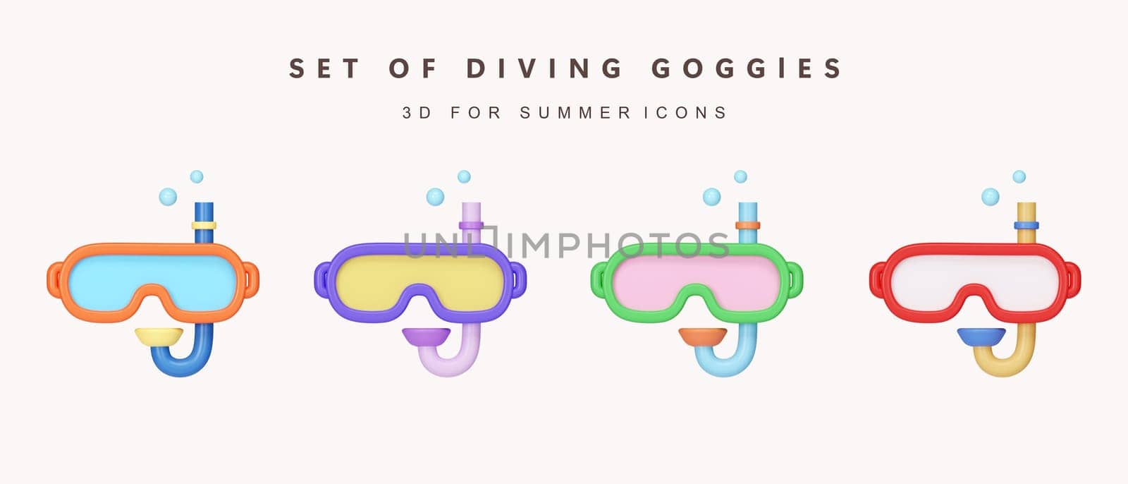 3d Set of color diving goggle icon for summer vacation concept. icon isolated on white background. 3d rendering illustration. Clipping path..