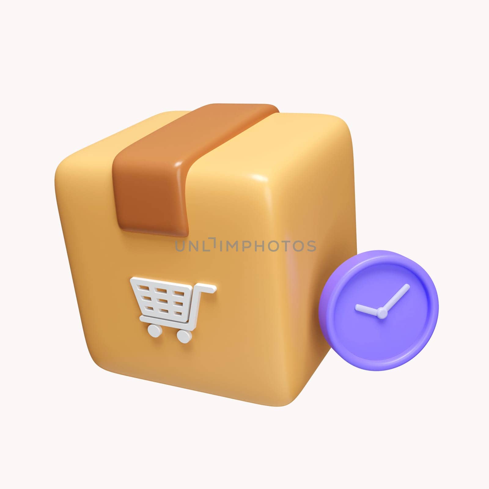 3d Parcel box with watches. Express delivery. Fast delivery online shopping service, tracking, shipping, logistic concept. icon isolated on white background. 3d rendering illustration. Clipping path..