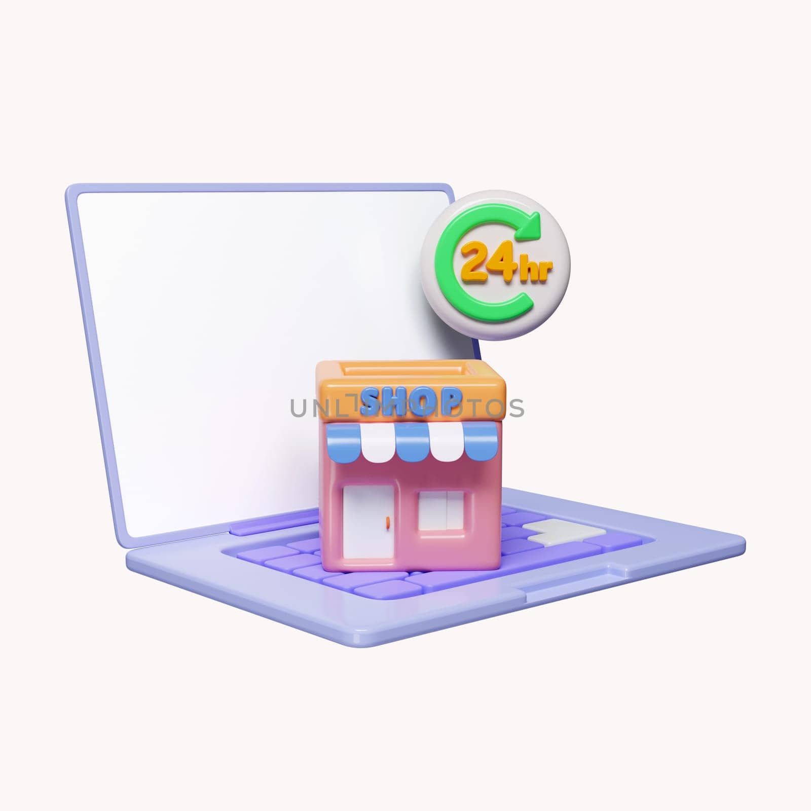 3d online shopping E-commerce, store, box, 24 hours on laptop. Marketplace online. icon isolated on white background. 3d rendering illustration. Clipping path..