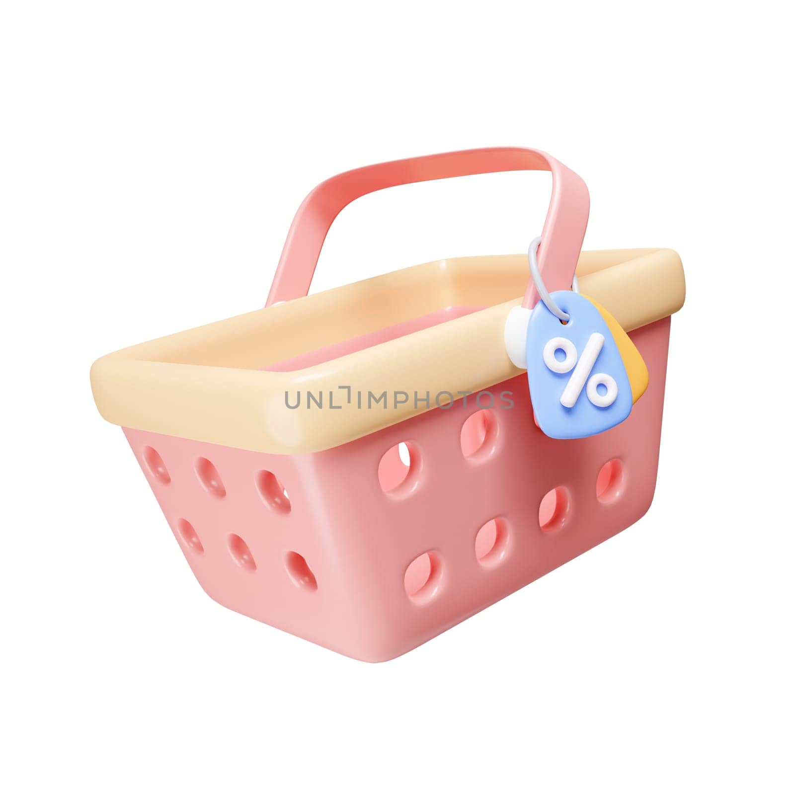 3d basket shopping with price tags for online shopping and supermarket. discount coupon of cash, special offer promotion. icon isolated on white background. 3d rendering illustration. Clipping path..