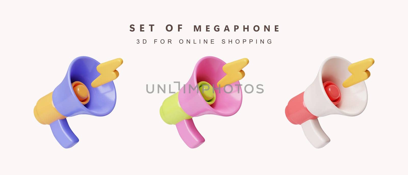 3d Set of colors megaphone for shopping online concept. Advertising and promotion. icon isolated on white background. 3d rendering illustration. Clipping path..