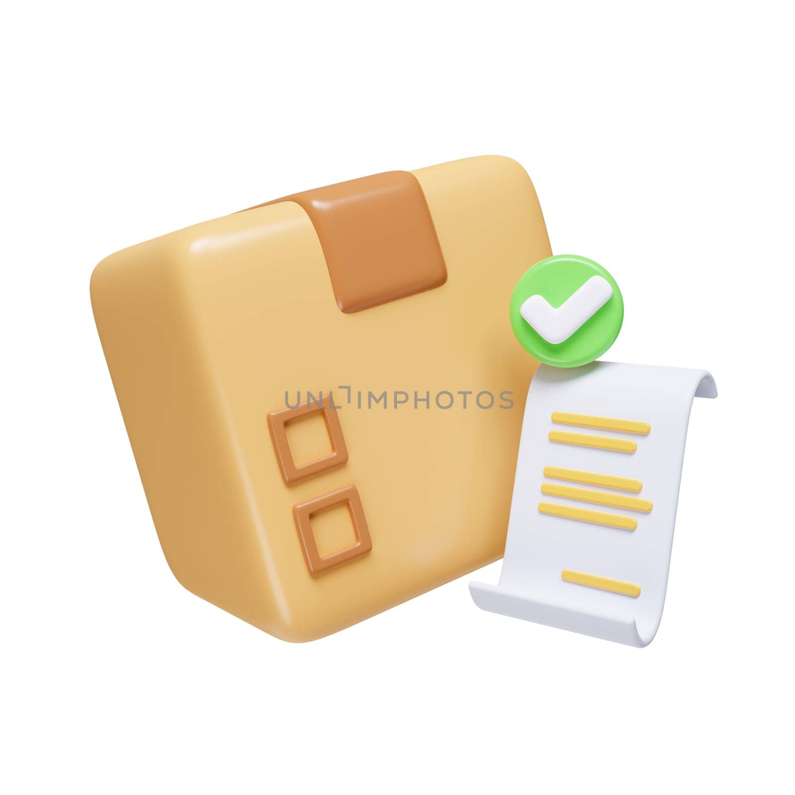 Delivery package check mark and receipt. Shipping box and cardboard box. safe delivery. successfully delivered. icon isolated on white background. 3d rendering illustration. Clipping path. by meepiangraphic