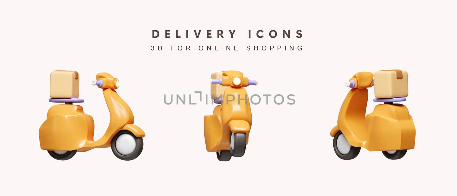 3d Set of orange scooter delivery for shopping online concept. delivery. icon isolated on white background. 3d rendering illustration. Clipping path. by meepiangraphic