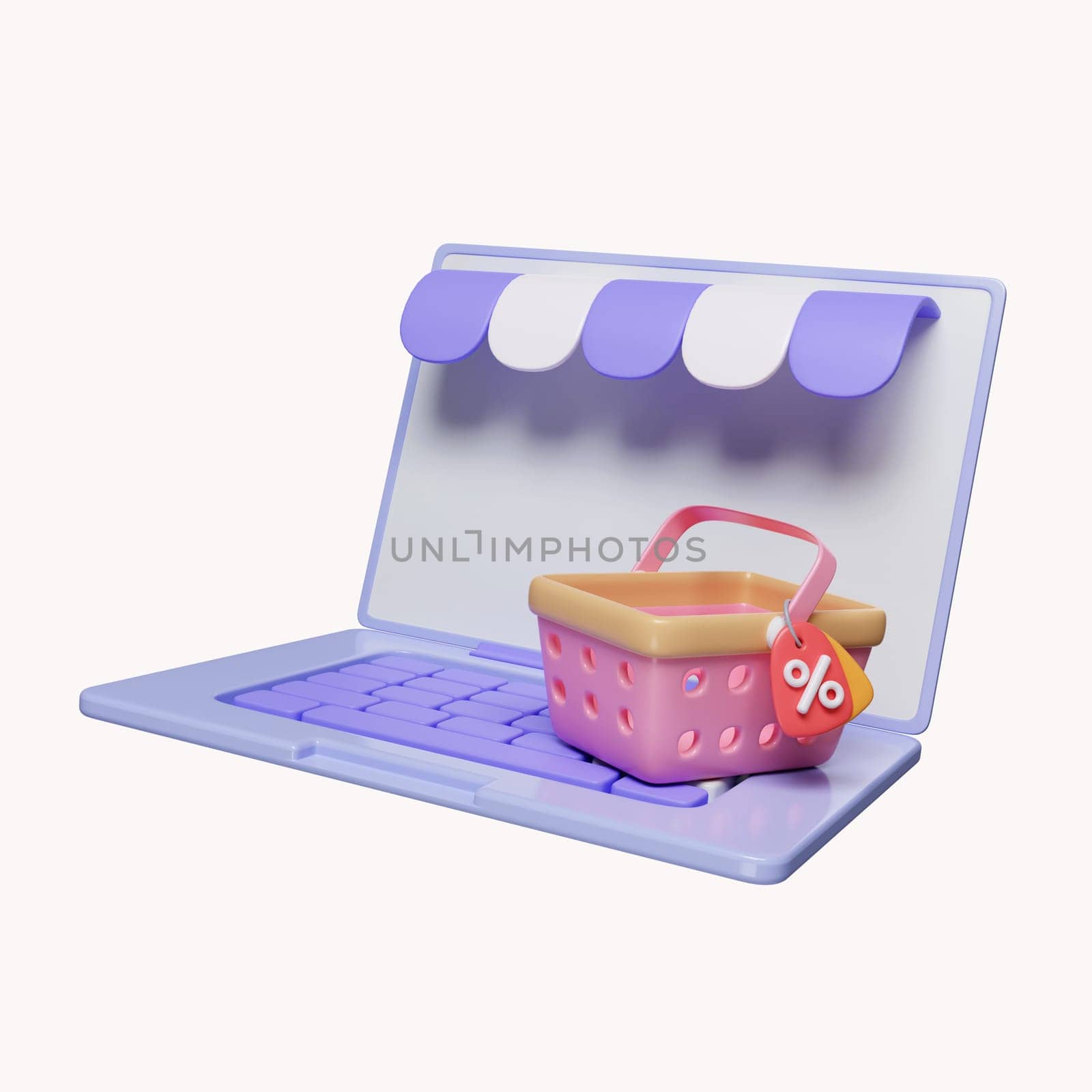 3d Online shopping via computer laptop with shopping cart and discount coupons. Promotion and e-commerce. icon isolated on white background. 3d rendering illustration. Clipping path..