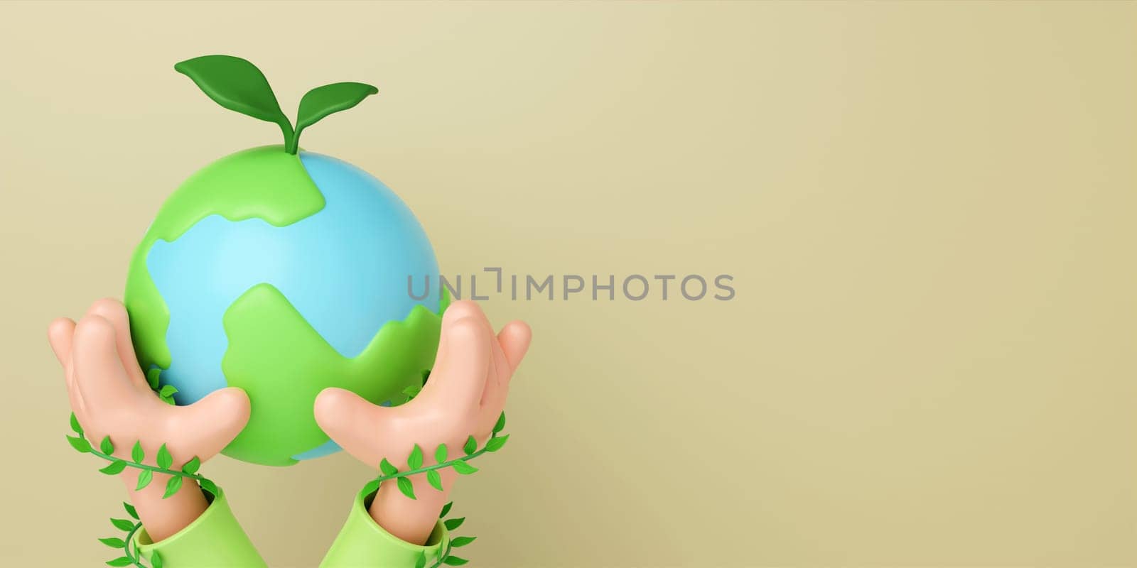 3d hand holding a planet earth isolated on yellow background. Sustain earth concept. Save Earth. Environment Concept. 3d rendering illustration. by meepiangraphic
