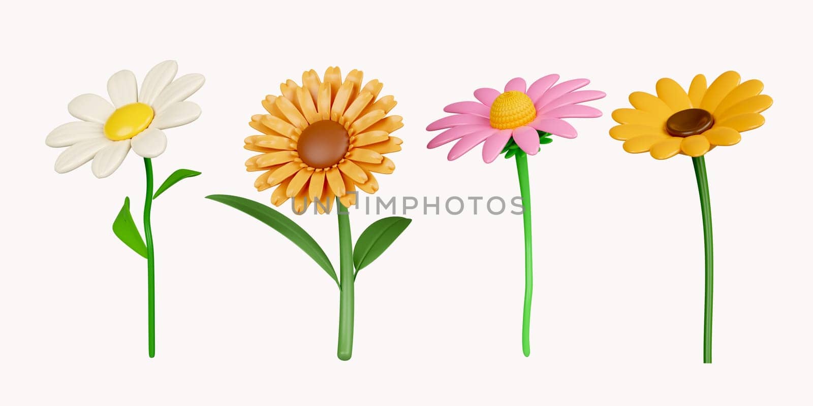 3d colorful flower set. icon isolated on white background. 3d rendering illustration. Clipping path. by meepiangraphic