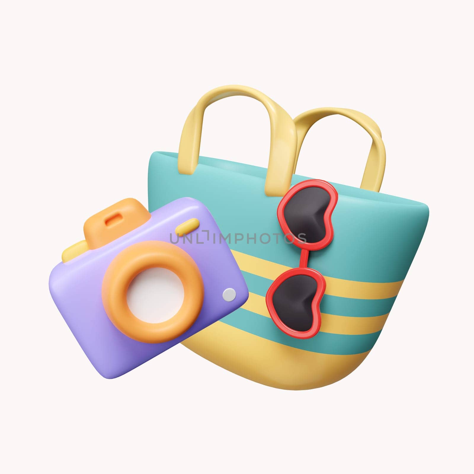 3d bag with camera and sun glasses. summer vacation and holidays concept. icon isolated on white background. 3d rendering illustration. Clipping path. by meepiangraphic