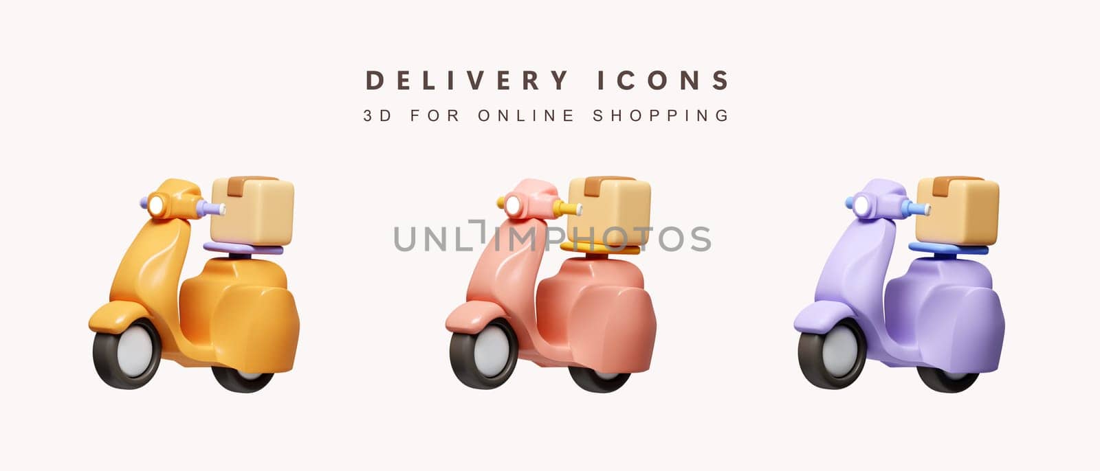 3d Set of color scooter delivery for shopping online concept. delivery. icon isolated on white background. 3d rendering illustration. Clipping path..