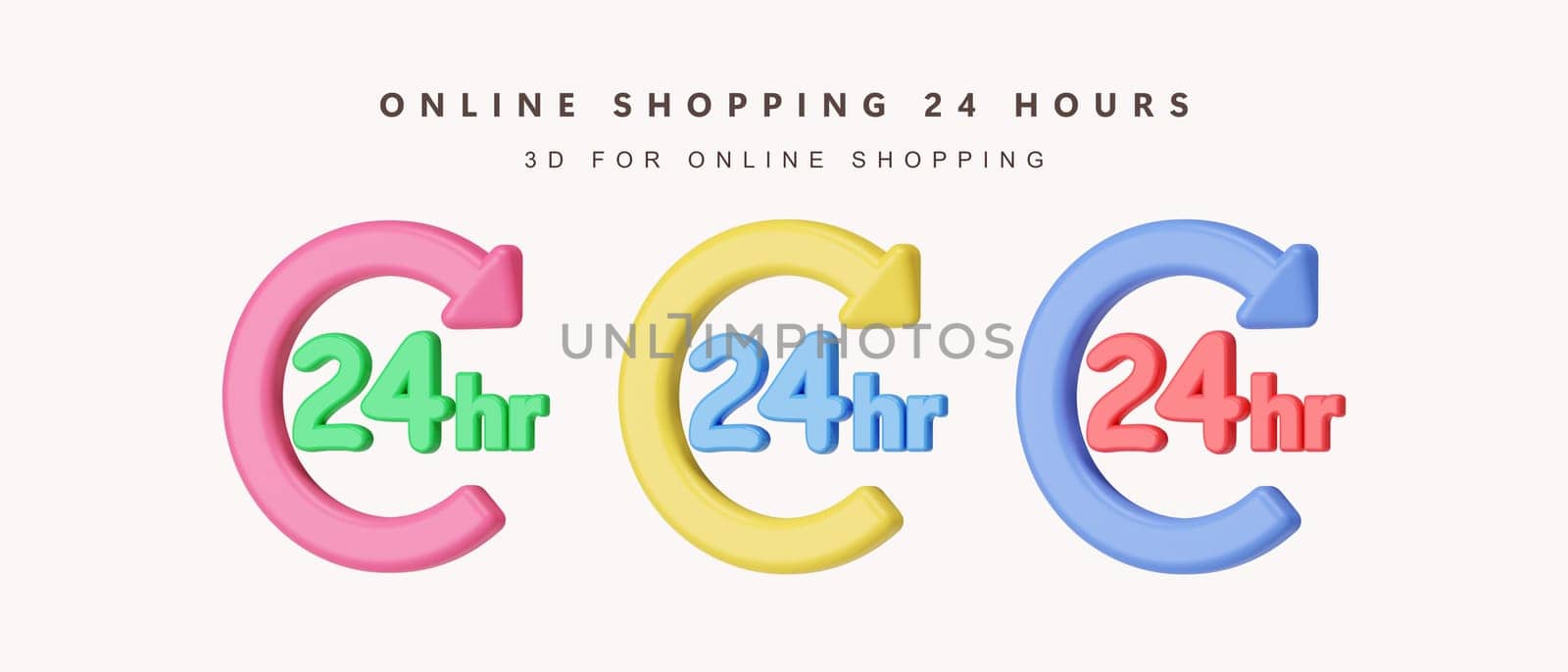 3d Set of online shopping 24 hours for shopping online concept. icon isolated on white background. 3d rendering illustration. Clipping path..