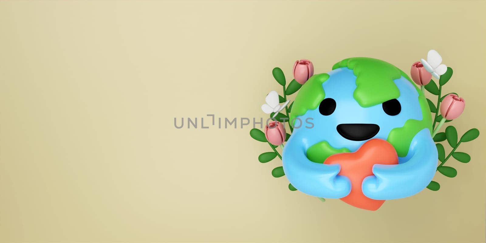 3d planet hug heart with flower and butterfly on yellow background. Concept of Save the Earth, Protect environmental and eco green life, ecology and nature protect. 3d rendering illustration..