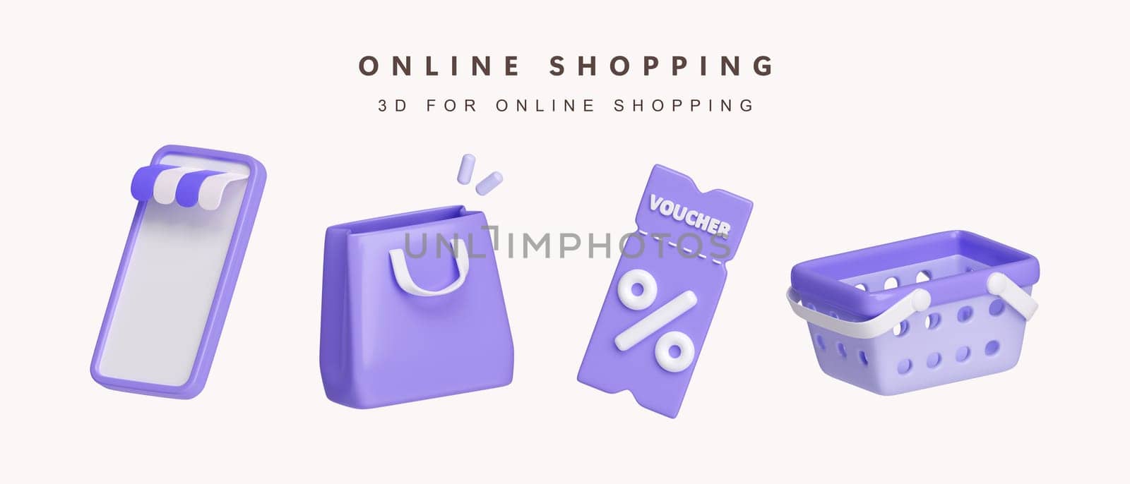 3d Set of purple shopping online concept. icon isolated on white background. 3d rendering illustration. Clipping path..