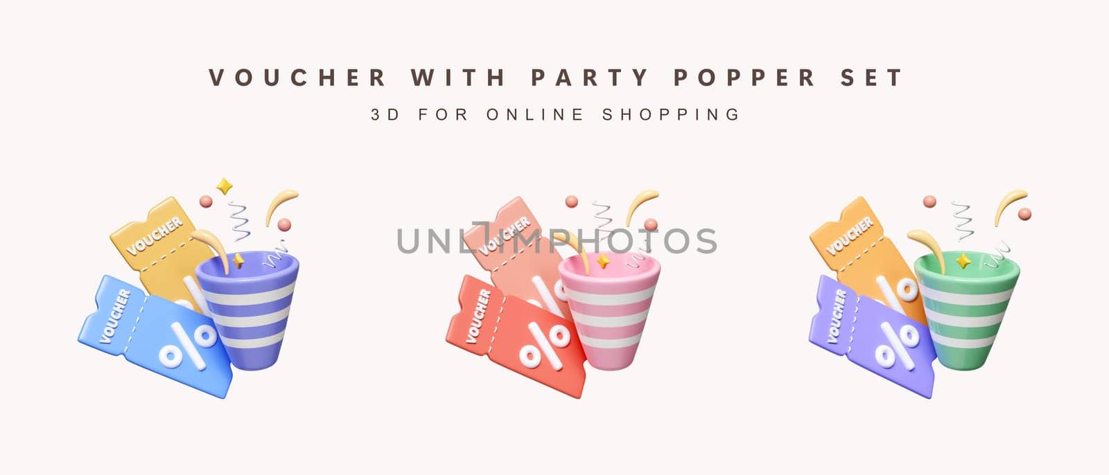 3d set of color voucher with party poppers . gift coupon. for shopping online. icon isolated on white background. 3d rendering illustration. Clipping path..