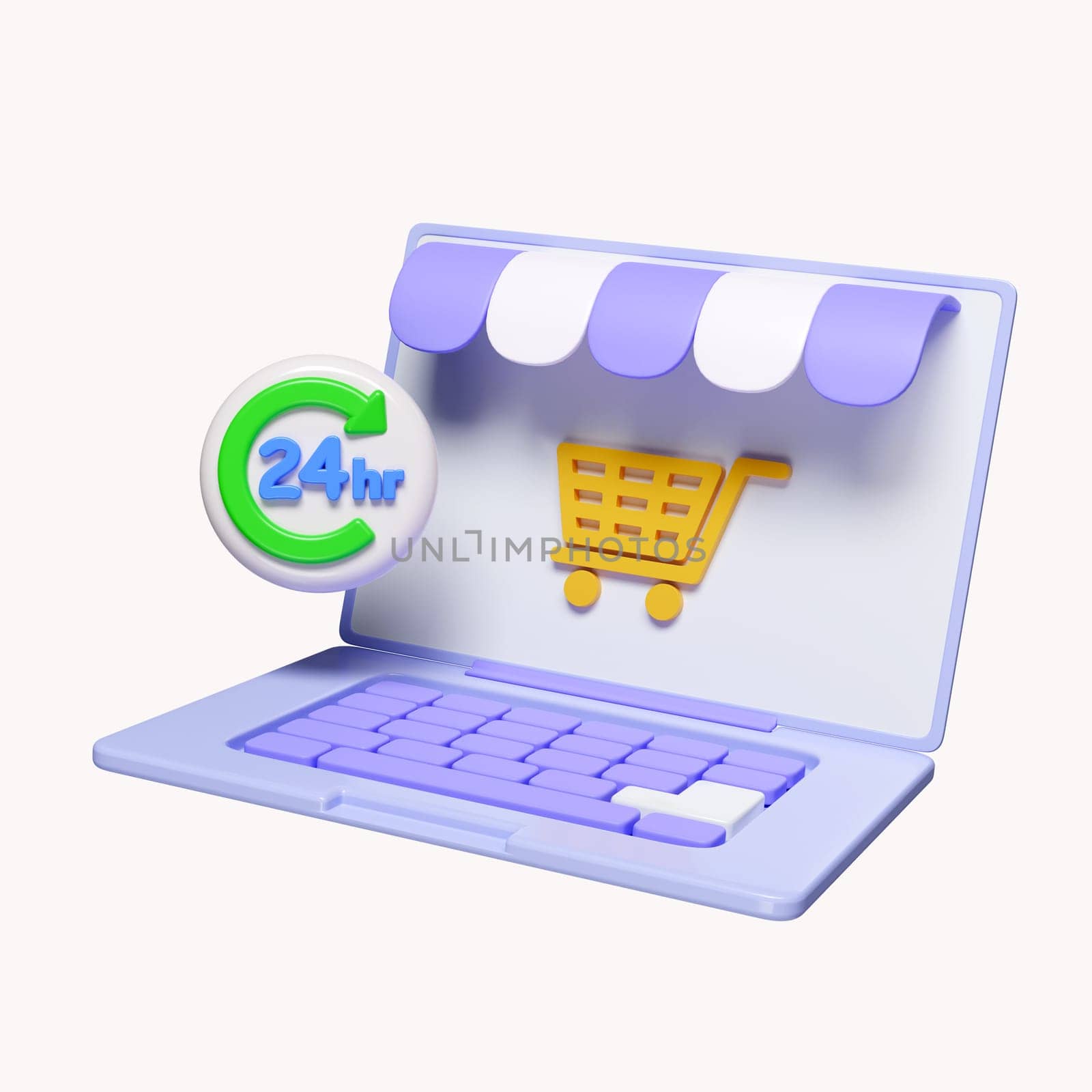 3d online shopping E-commerce, store, 24 hours on laptop. Marketplace online open 24 hours. icon isolated on white background. 3d rendering illustration. Clipping path. by meepiangraphic