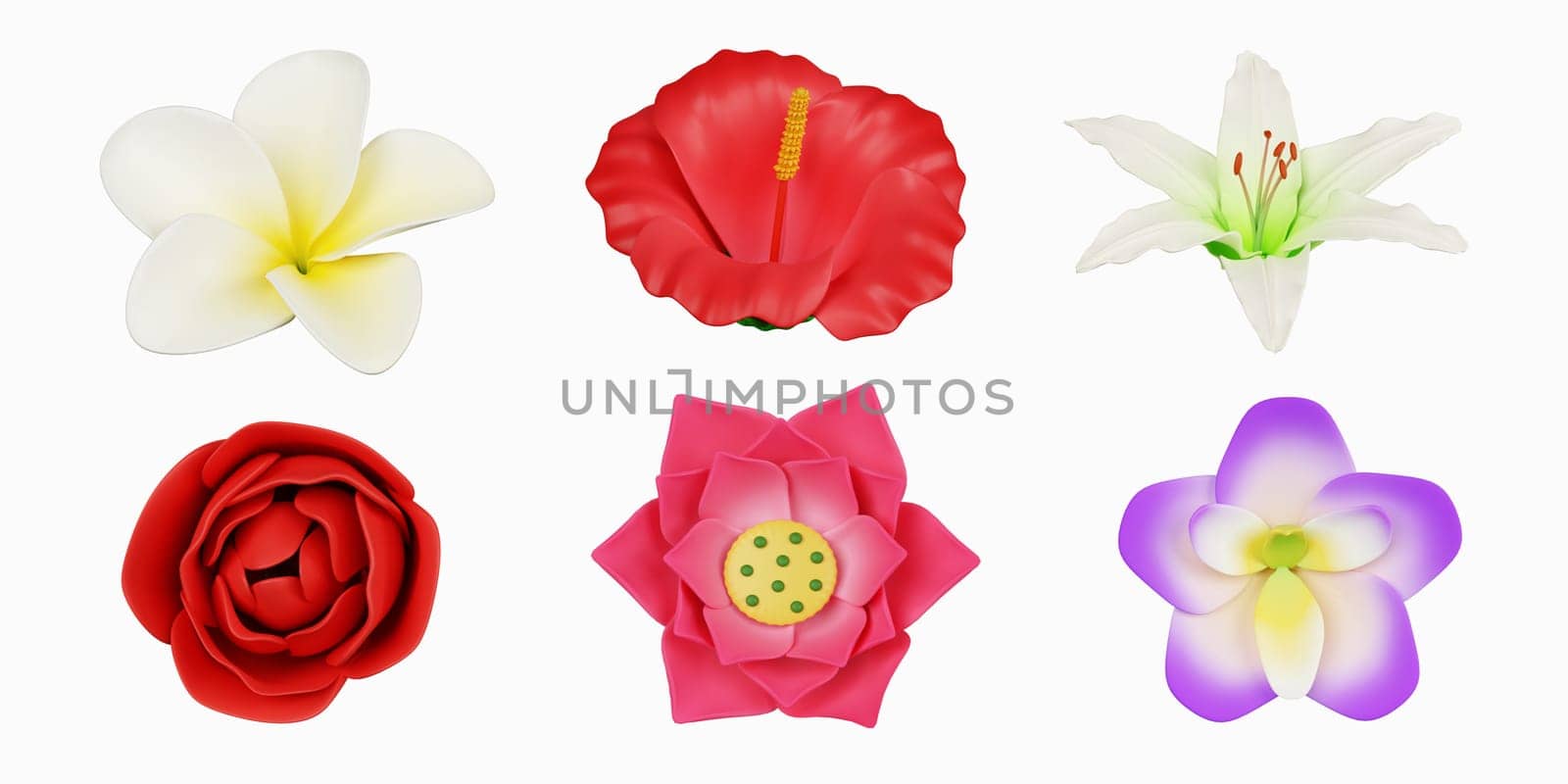 3d colorful flower set. icon isolated on white background. 3d rendering illustration. Clipping path. by meepiangraphic