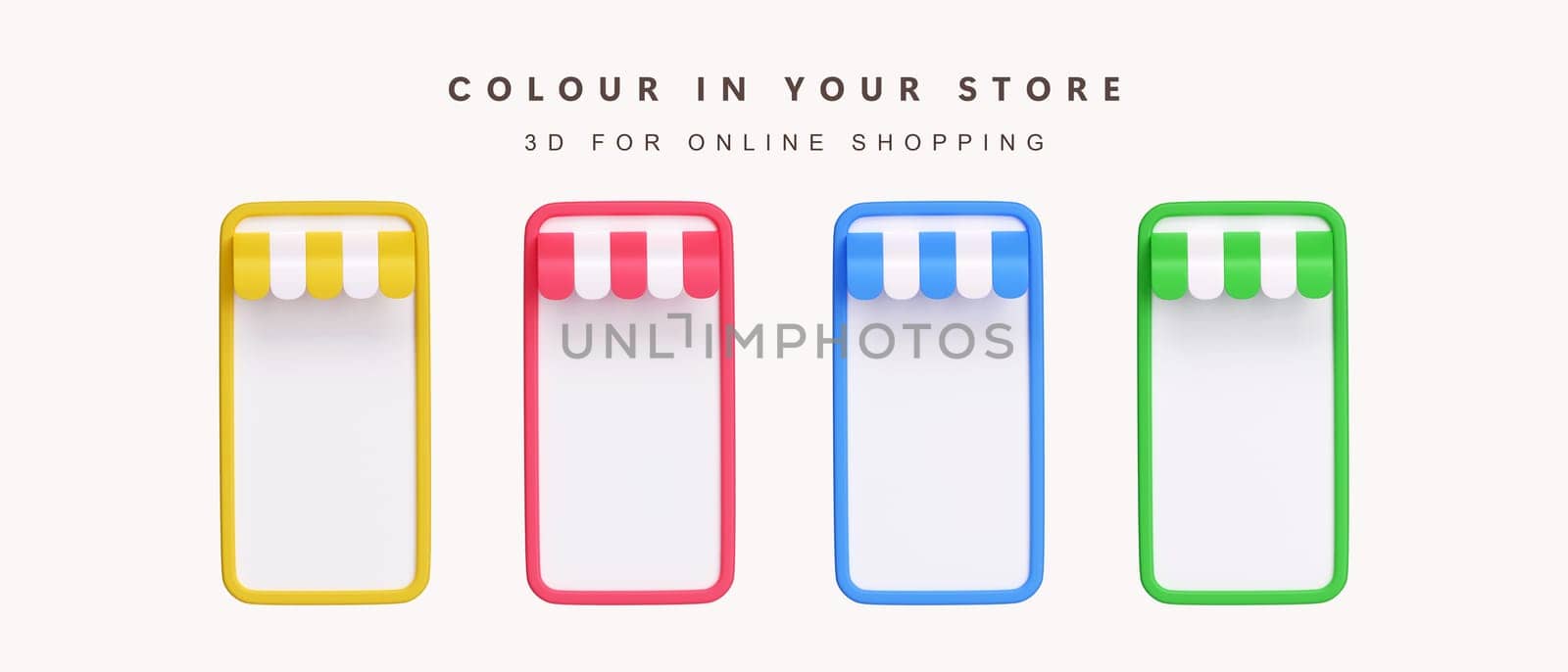 3d Set of color store on phone for shopping online concept. icon isolated on white background. 3d rendering illustration. Clipping path..