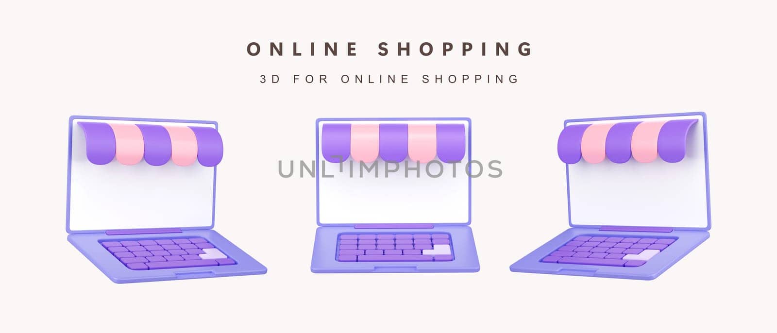 3d Set of store on laptop for shopping online concept. icon isolated on white background. 3d rendering illustration. Clipping path..