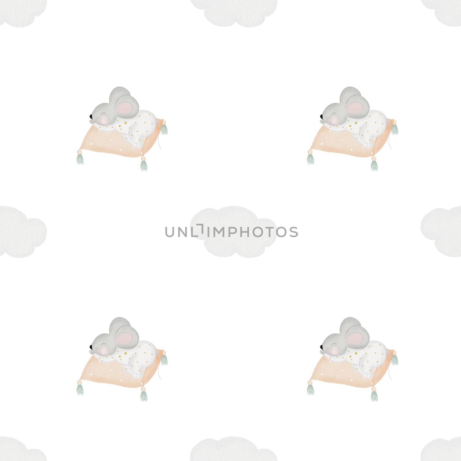 Cute seamless watercolor pattern of a mouse sleeping on a pillow and around a cloud. Kawaii drawing of a baby for printing on children's textiles and cozy bedding. Illustration in the color of the year Peach Fuzz. High quality illustration