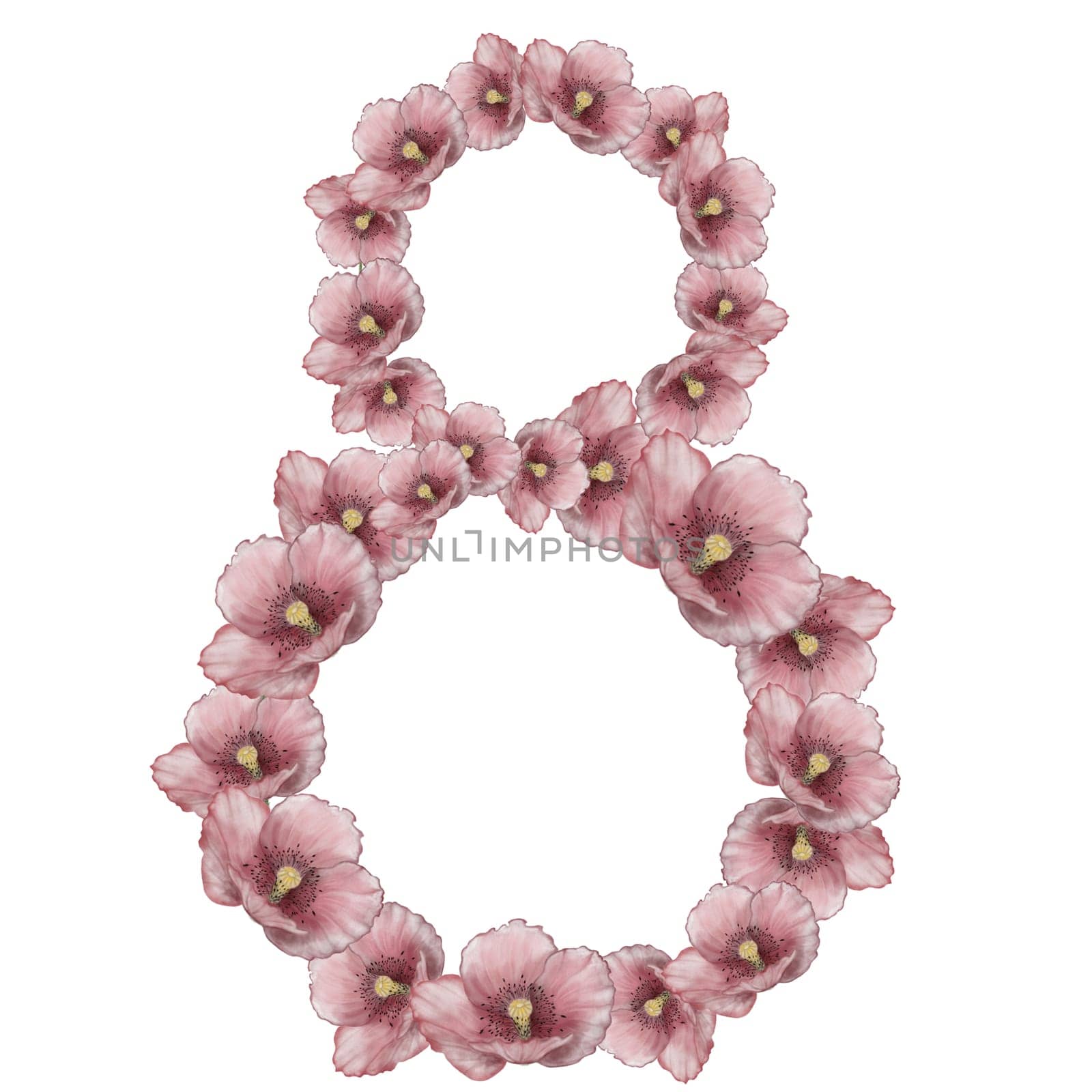 International Women's Day watercolor drawing in the shape of a number eight made from flowers. Illustration for the design of cards and banners for the holidays. High quality photo