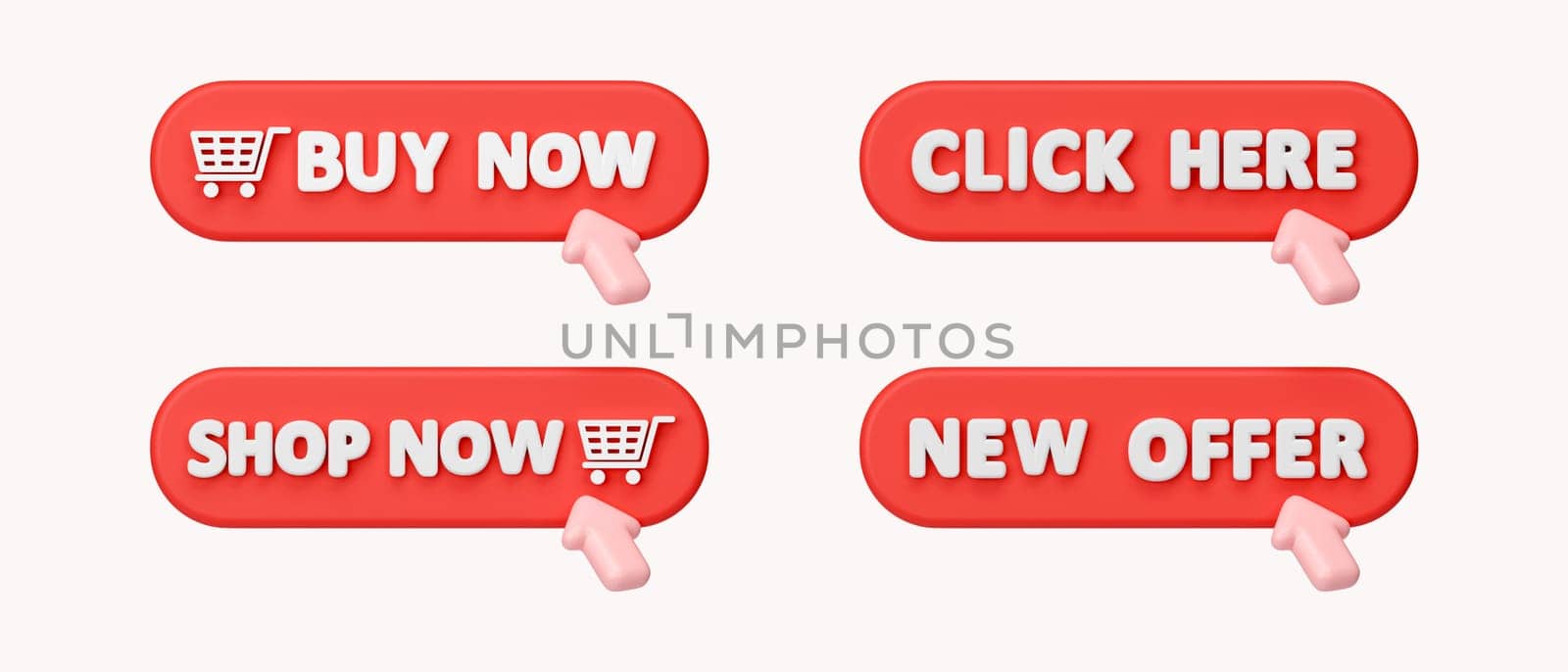3d Set of click button for shopping online concept. icon isolated on white background. 3d rendering illustration. Clipping path..