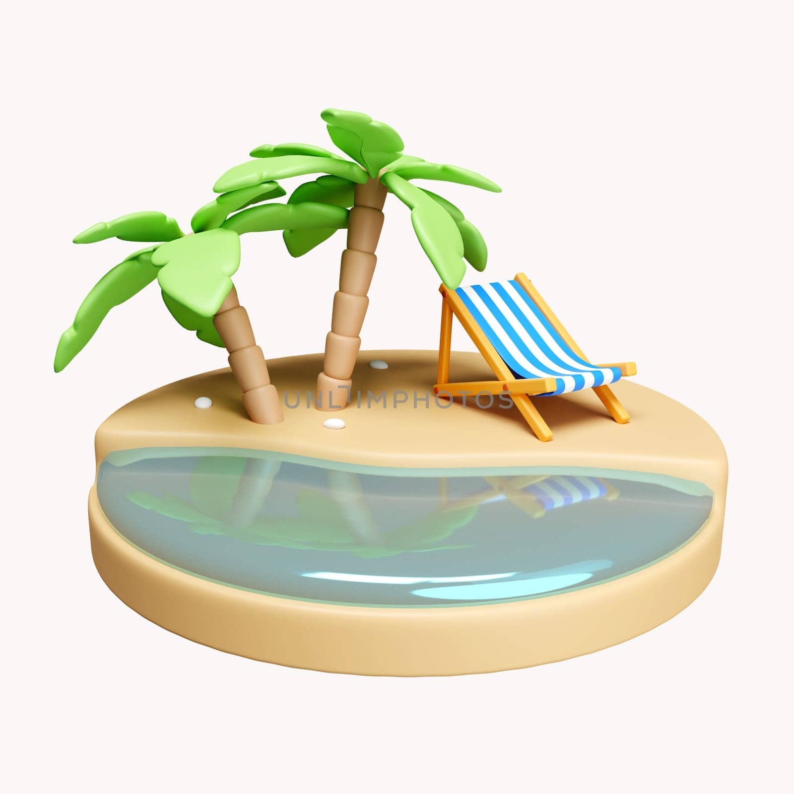 3d Coconut trees on beach sand , Summer vacation concept. summer vacation and holidays concept. icon isolated on white background. 3d rendering illustration. Clipping path..