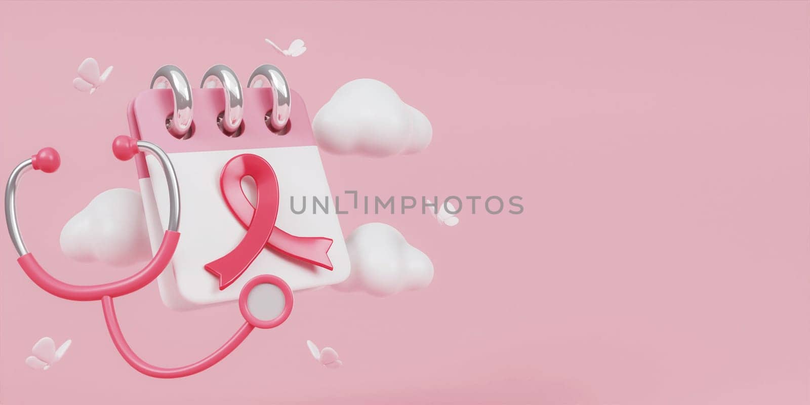 Pink ribbon calendar with cloud and copy space for Breast Cancer Awareness Month and World Cancer Day banner background design in 3D illustration..