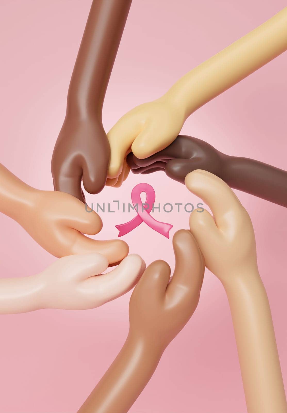 Group of diverse hands holding pink ribbon together representing breast cancer awareness and support. 3D render illustration..