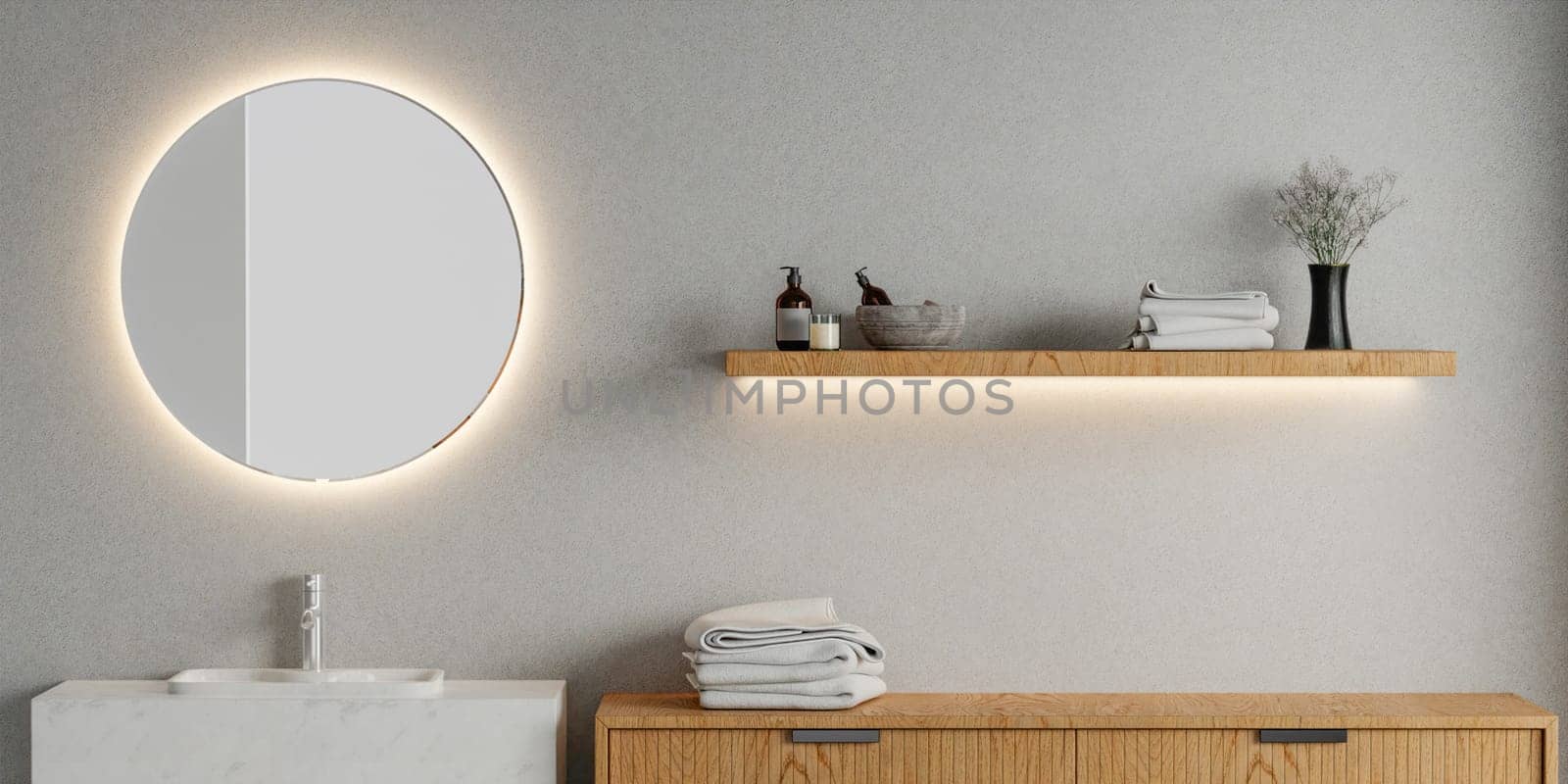 3D render an empty counter with ceramic washbasin and modern style faucet in a bathroom. Blank space for products display mockup. Background, Wall tiles..
