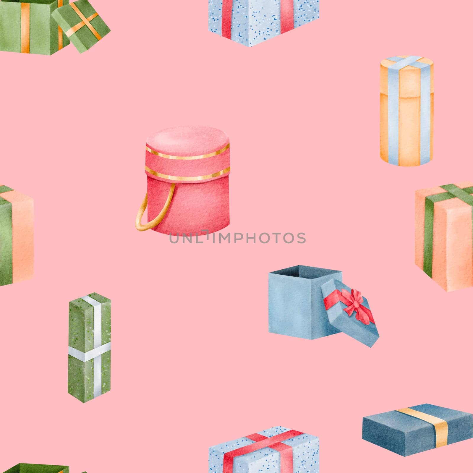 Seamless pattern. Watercolor multicolor background of gift present box isolated illustration. Christmas gift box tied with gold ribbon. Pink background. holiday decoration for new year by Art_Mari_Ka