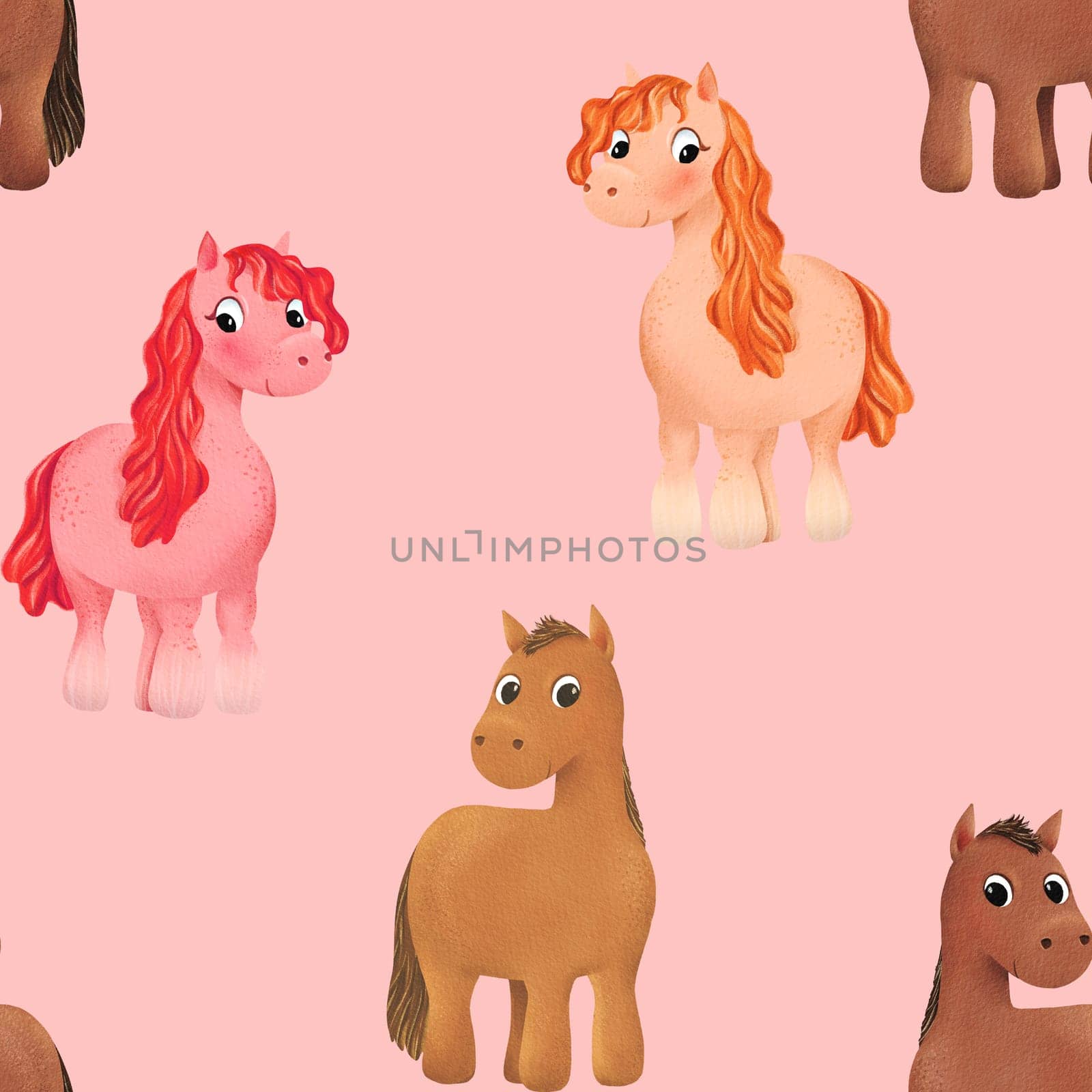 Seamless pattern of cute watercolor pony. Little horse. Funny animal for kid. Pink background, baby shirt design, nursery decor, card making, party invitations, logos, greeting cards, posters by Art_Mari_Ka