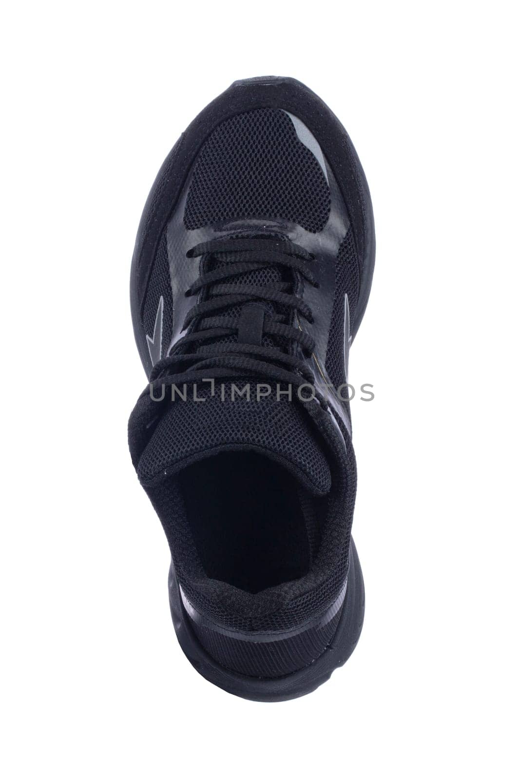 Sneaker one made of black fabric with lacing on a white background.