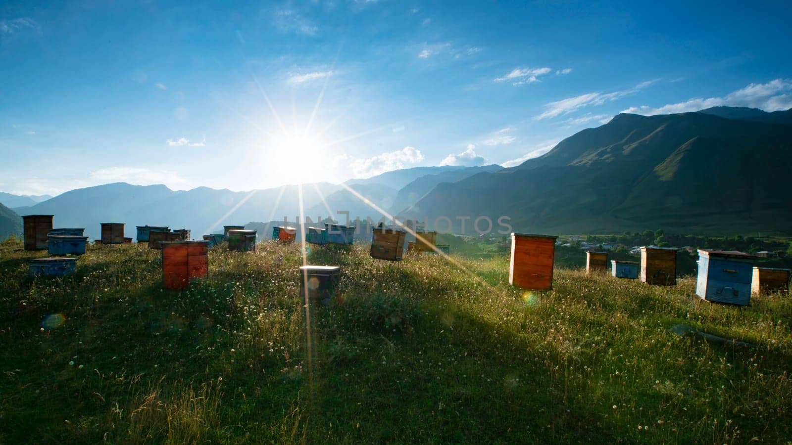 Wooden beehives against the backdrop of a mountain landscape.