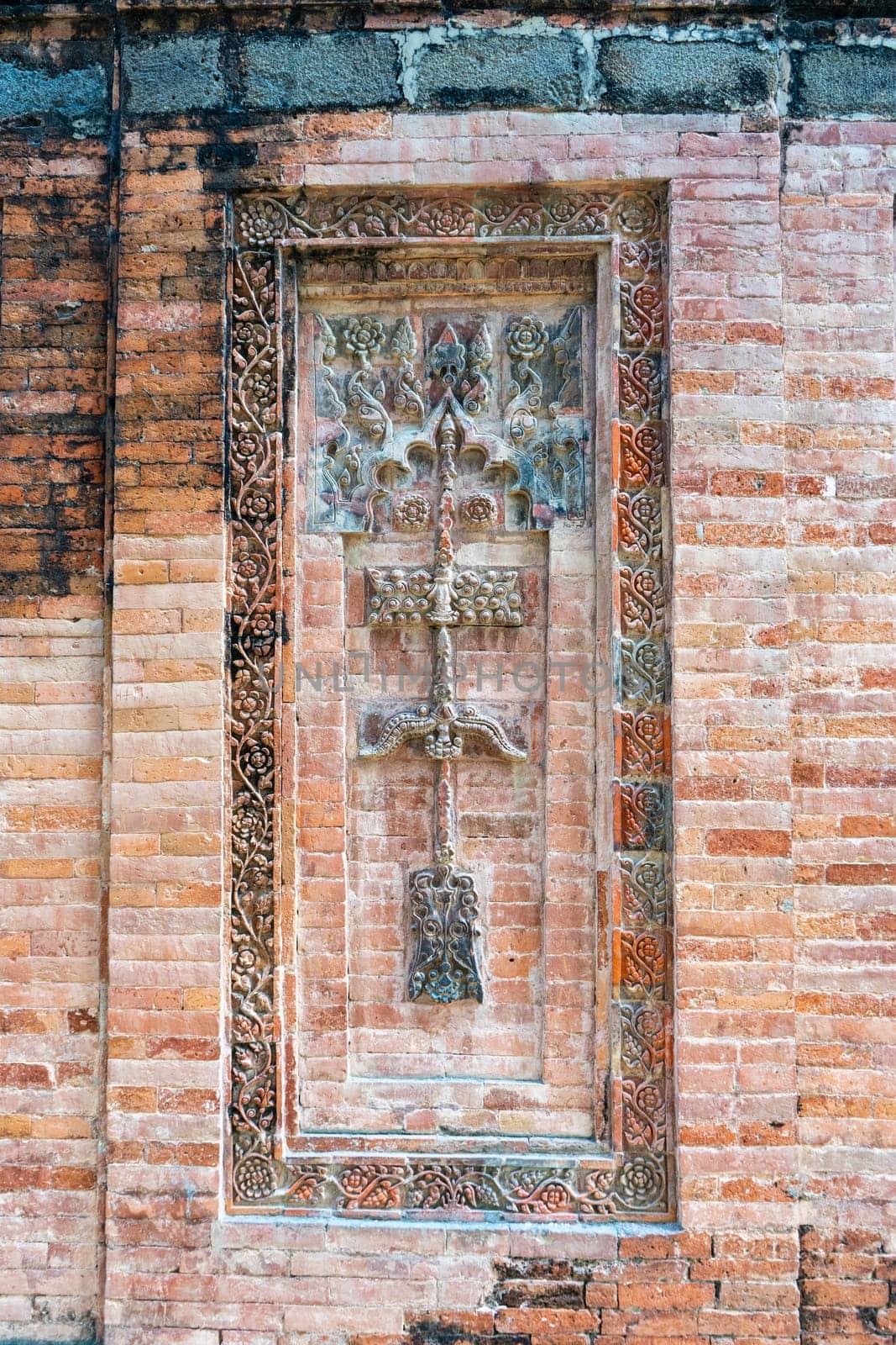Terracotta patterns ancient stone carving, pattern on stone wall of Bagha Shahi Mosque by paca-waca