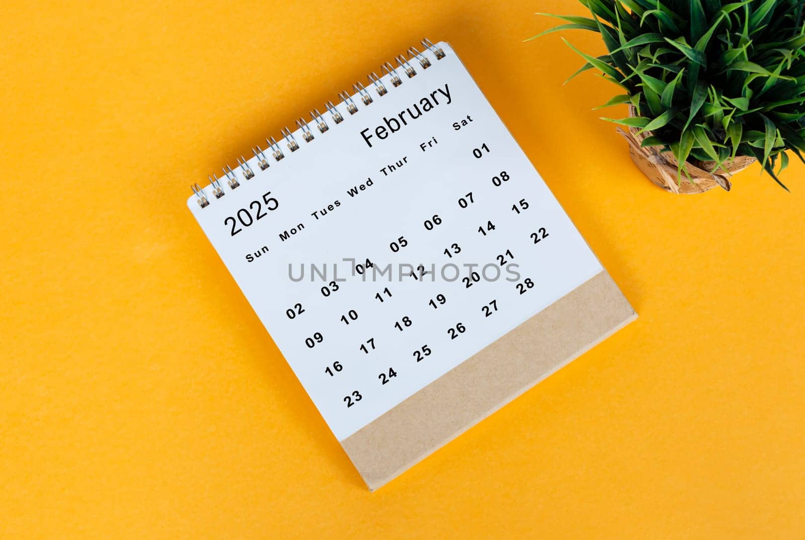 February 2025 desk calendar on yellow background. Directly above. Flat lay. Copy space.