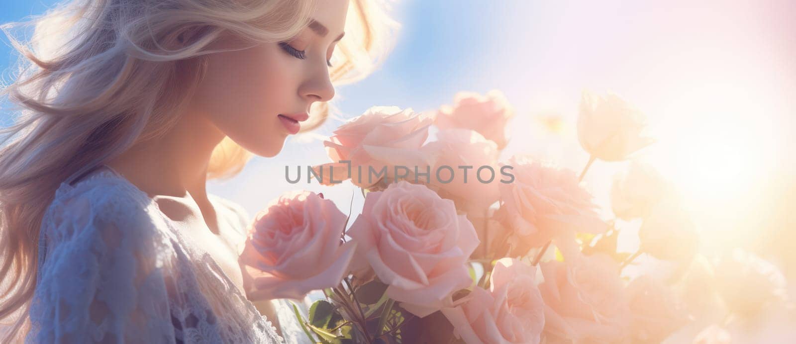 Caucasian Beauty: Young, Attractive Women's Portrait with a Bouquet of White Flowers