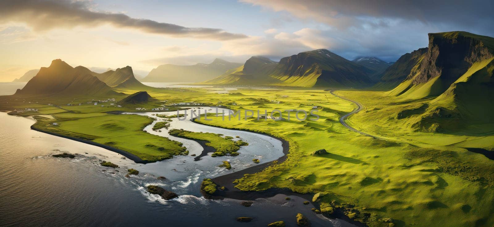 Awe-Inspiring Nordic Coastline: Majestic Mountains, Lush Green Hills, and Serene Ocean Waves under a Vibrant Sunset Sky