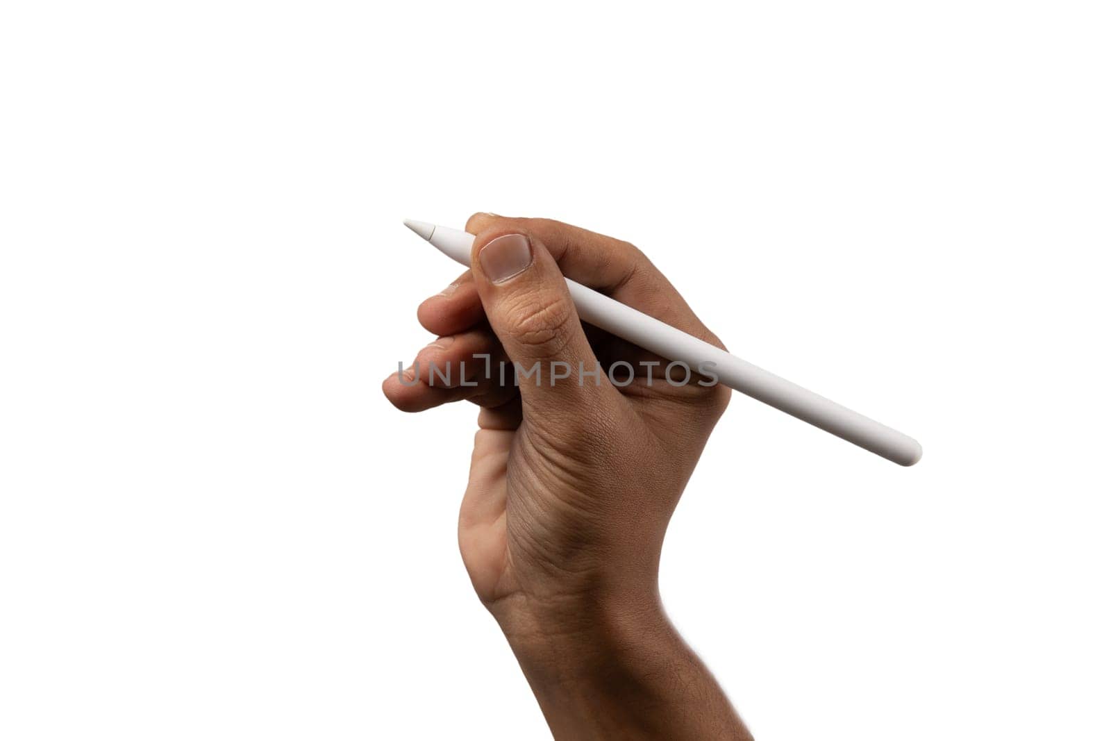 Black male hand holding smart pencil isolated on white. by TropicalNinjaStudio