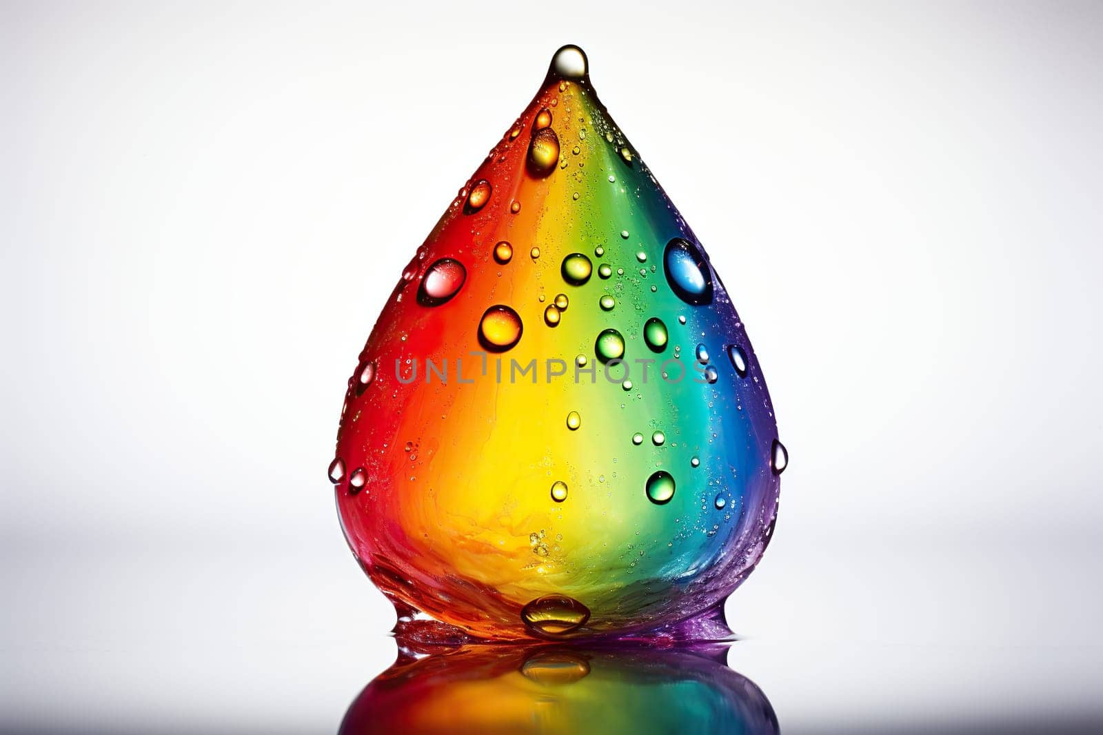 Large rainbow drop of liquid on a white background. Generated by artificial intelligence by Vovmar
