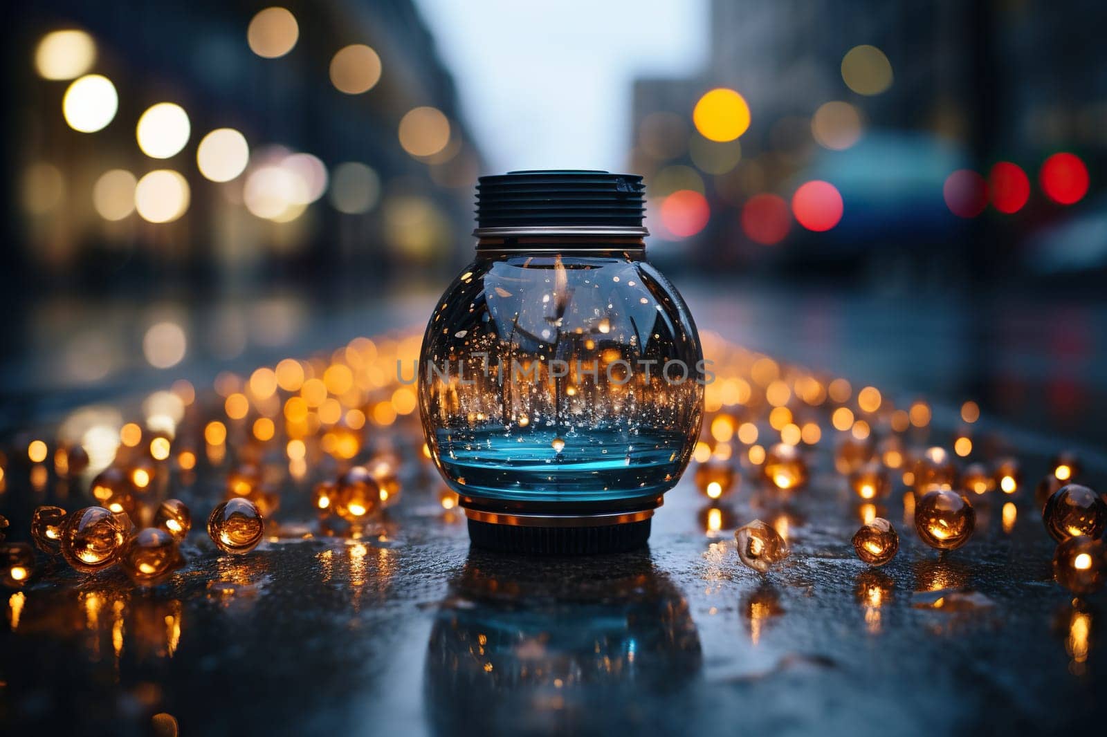 Glass vessel on wet asphalt with street bokeh background.