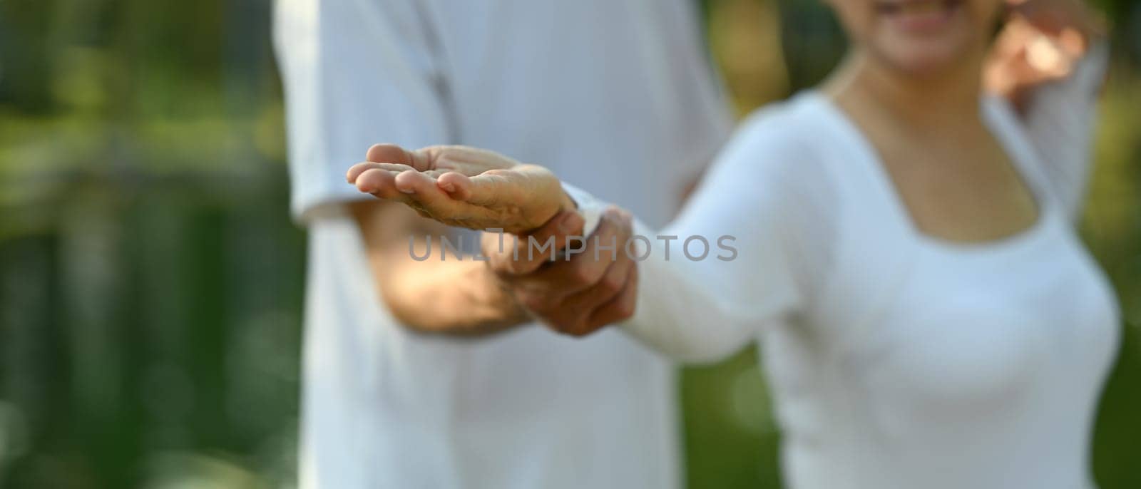 Cropped shot senior couple practicing Tai Chi in the park. Mental health and retired lifestyle concept.