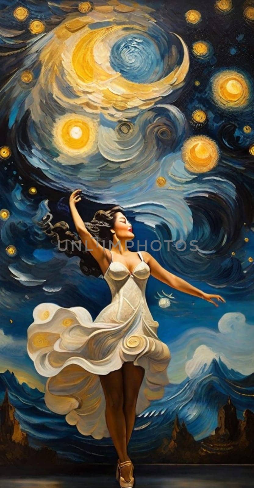 swirling impressionist sky, european village, a carved fantastical woman dance, gold blue palette by verbano