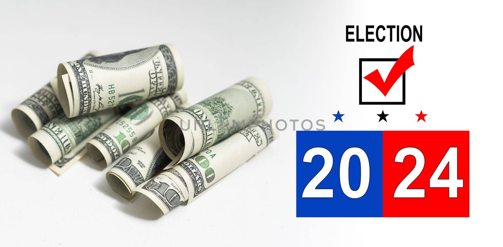 American vote concept. Ballot for presidents election 2024 and many dollar banknotes. High quality photo