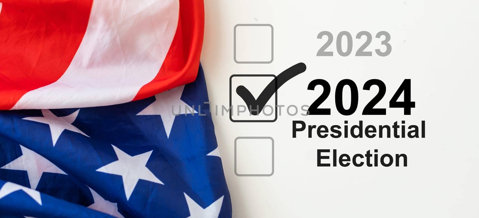 Presidential elections in America. The inscription Vote and 2024 on the background of the American flag. 3D render. High quality photo