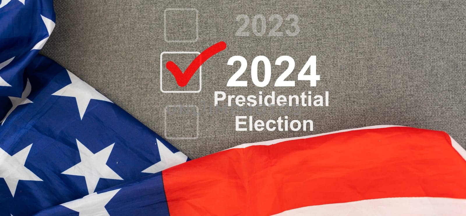 Presidential elections in America. The inscription Vote and 2024 on the background of the American flag. 3D render. High quality photo