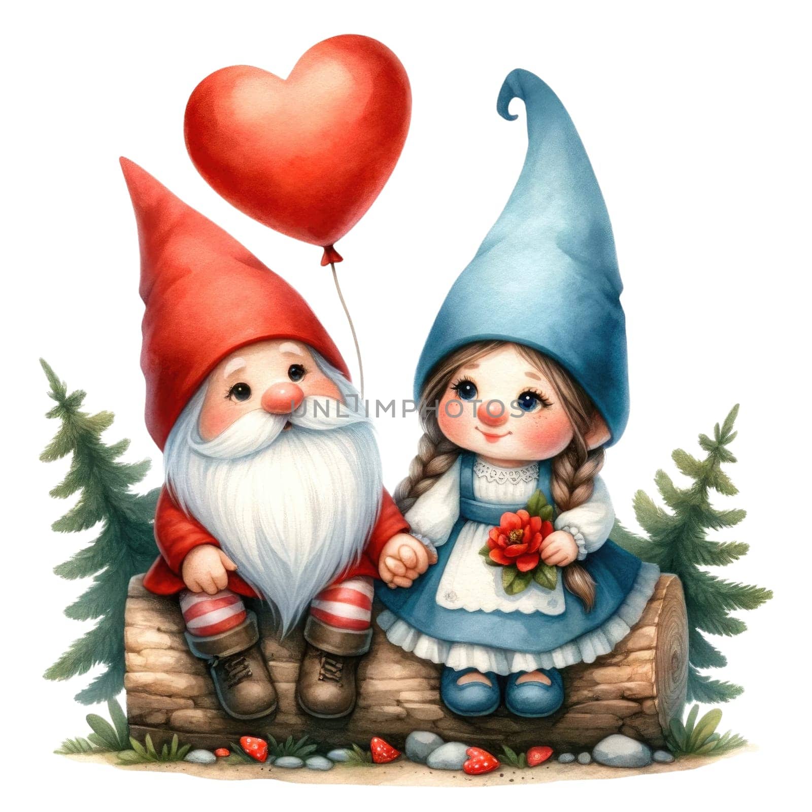 Valentines gnome, love Nordic gnome, Scandinavian gnomes, Watercolor cute valentines day postcard. Vellichor.